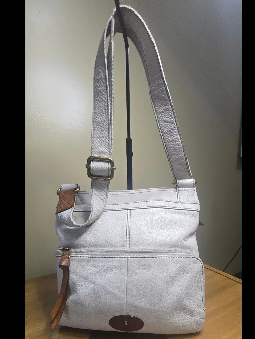 Fossil Morgan Traveler Cream Leather Crossbody Messenger Bag